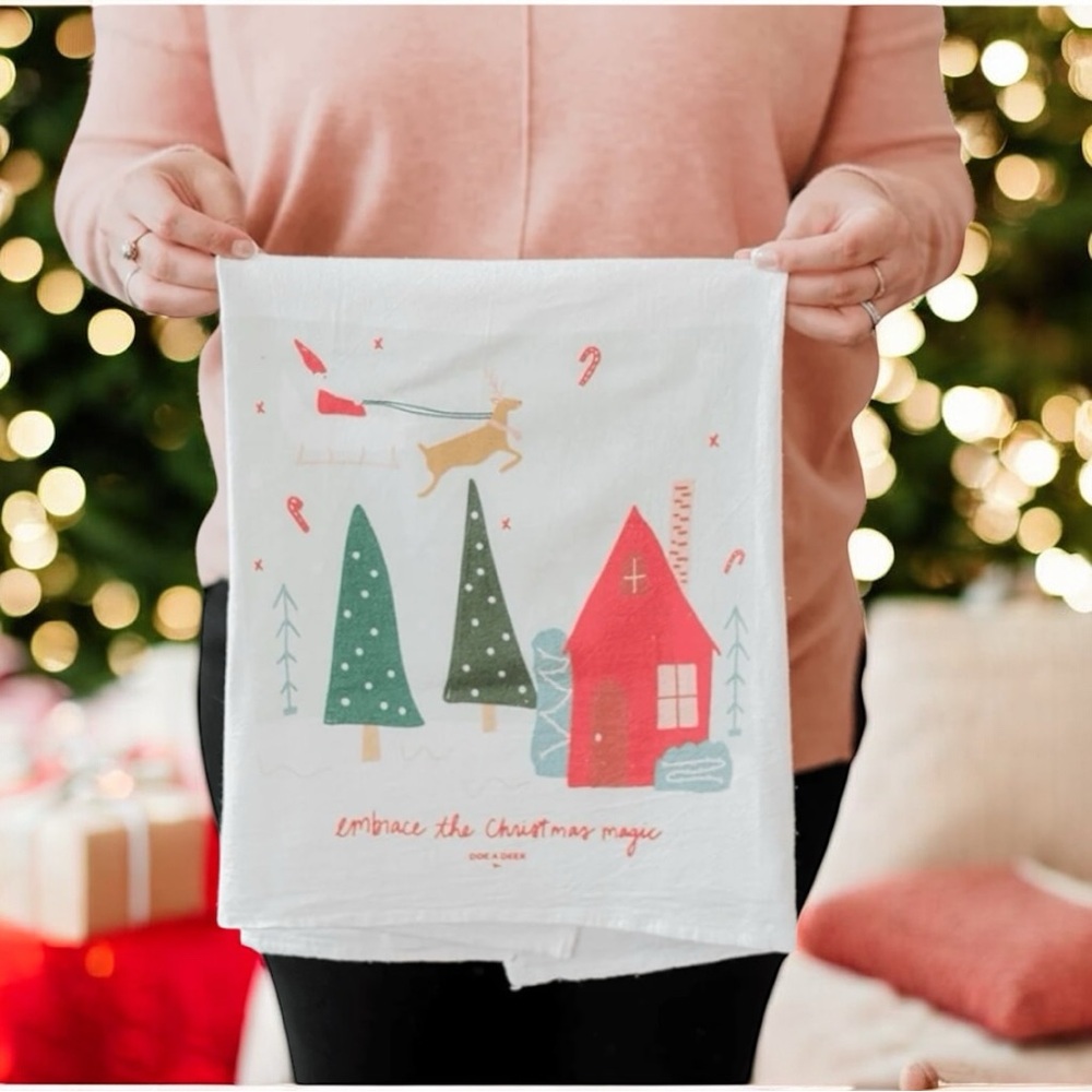 Doe A Deer Christmas Magic Holiday flour sack Tea Towel